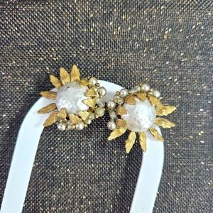 Miriam Haskell Vintage Faux Baroque Pearl Gold Tone Leaf Clip On Earrings Signed